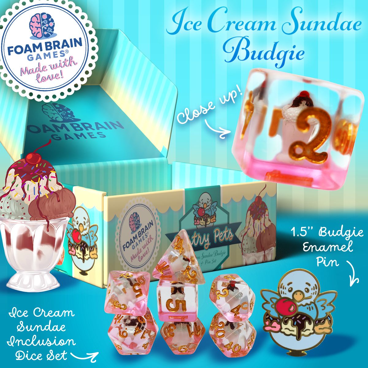 Pastry Pets: Ice Cream Sundae Budgie - Pin &amp; RPG Dice Set