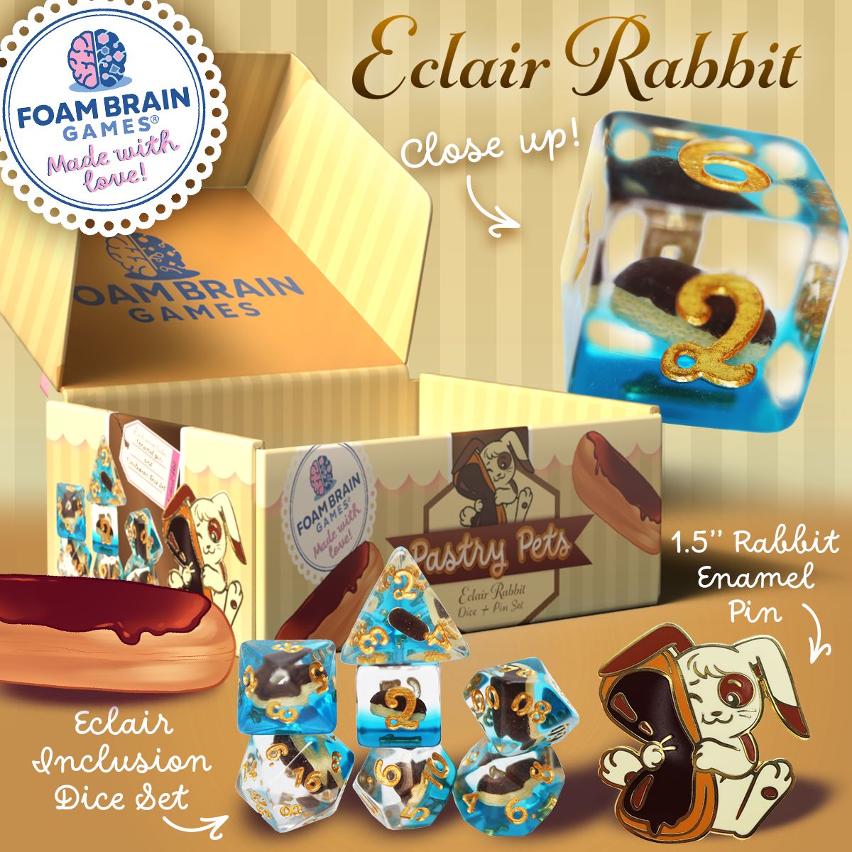 Pastry Pets: Eclair Rabbit - Pin &amp; RPG Dice Set