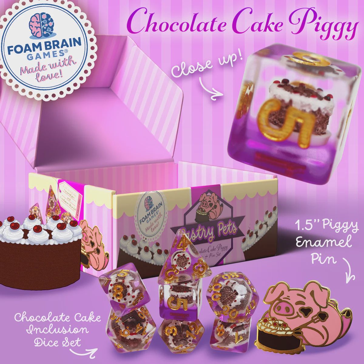 Pastry Pets: Chocolate Cake Piggy - Pin &amp; RPG Dice Set