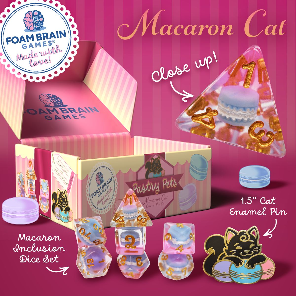 Pastry Pets: Macaron Cat - Pin &amp; RPG Dice Set