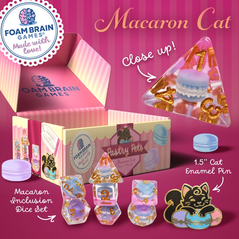 Pastry Pets: Macaron Cat - Pin &amp; RPG Dice Set