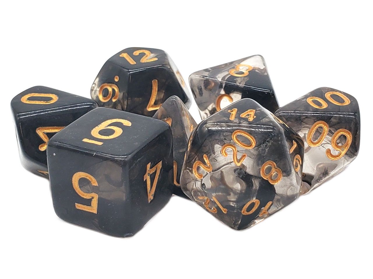 Old School 7 Piece DnD RPG Dice Set: Odyssey, Color Combo: Black