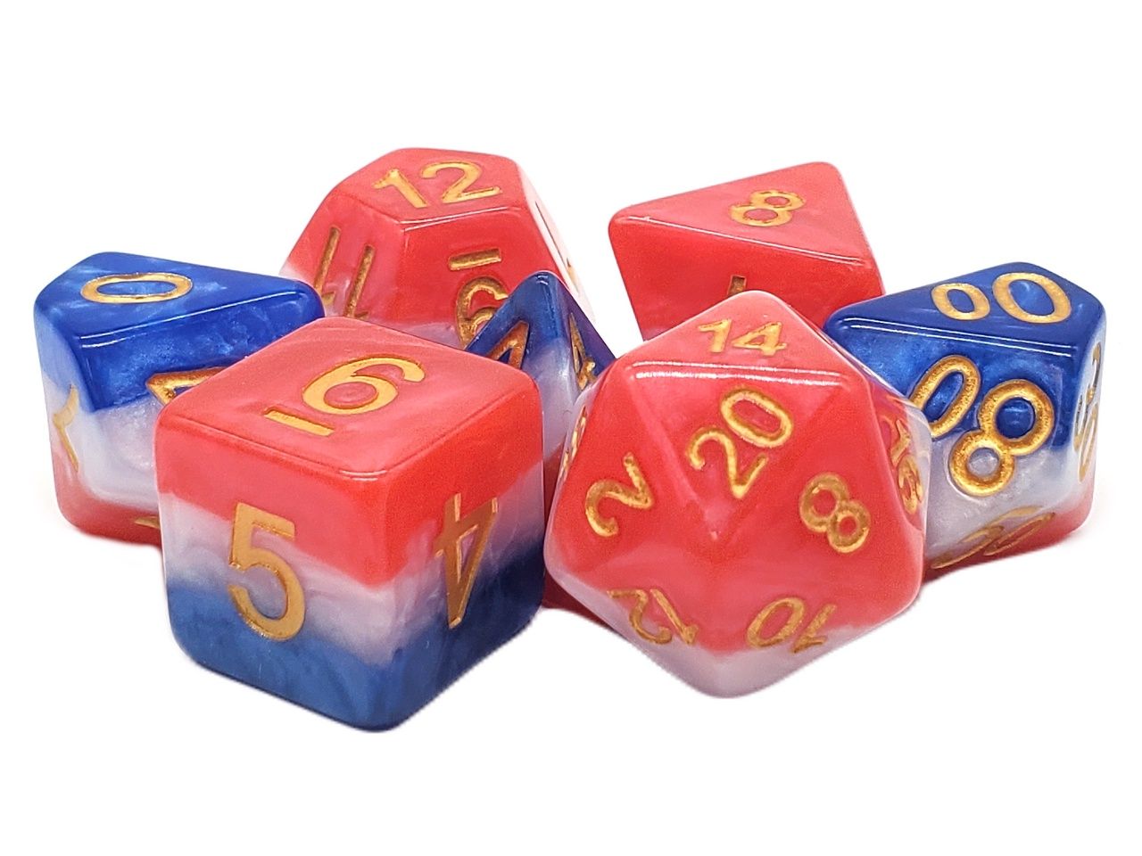 Old School 7 Piece DnD RPG Dice Set: Gradients, Color Combo: American Flag