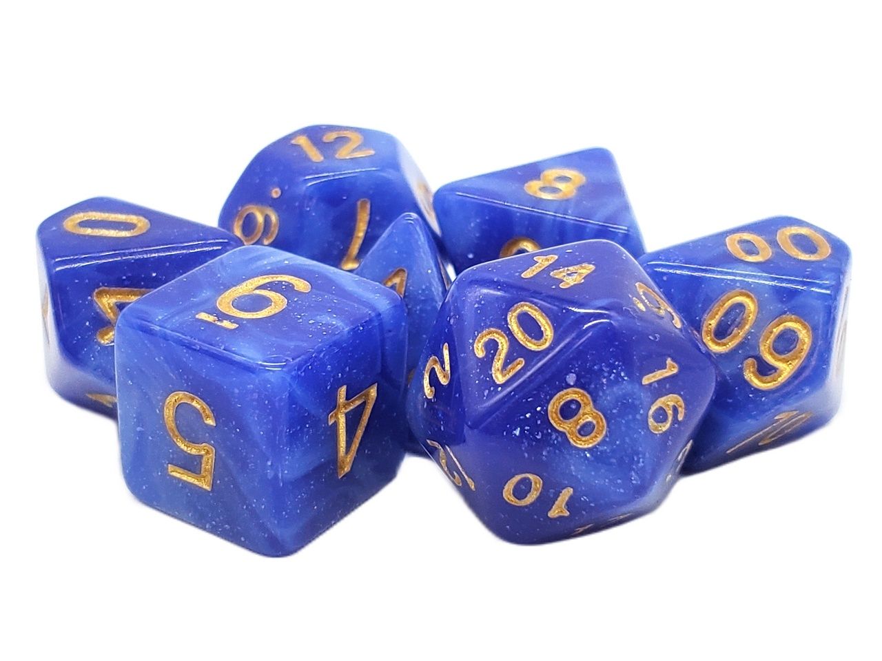Old School 7 Piece DnD RPG Dice Set: Galaxy, Color Combo: Blue &amp; White
