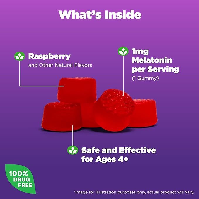 Natrol , Kids, Melatonin Gummies, Ages 4+, Raspberry, 1 Mg, 90 Gummies