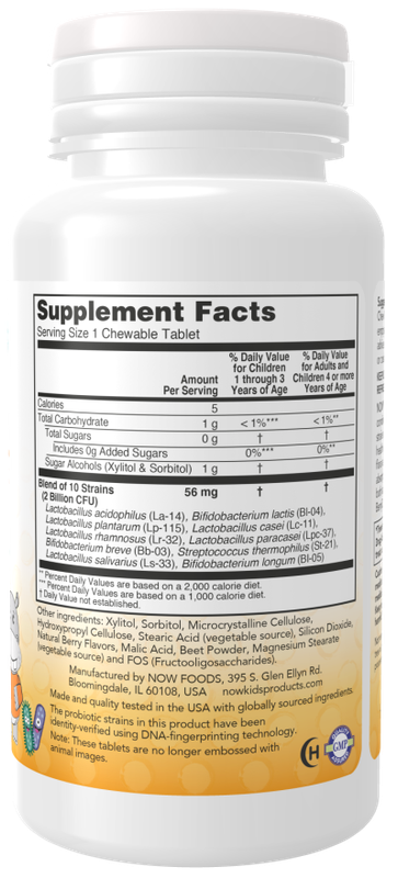 NOW Supplements, BerryDophilus™ with 2 Billion, 10 Probiotic Strains, Xylitol Sweetened, Strain Verified, 60 Chewables, packaging may vary