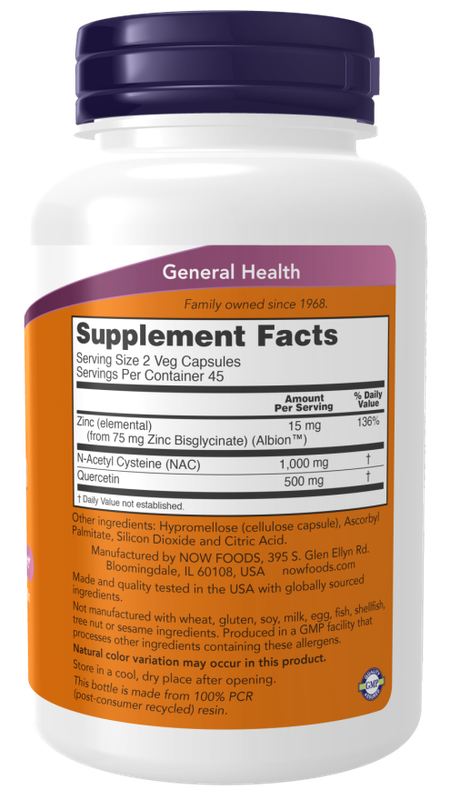 NOW Supplements, NAC Quercetin and Zinc, Immune and Respiratory Support*, 1,000 mg NAC, 500 mg Quercetin, 15 mg Zinc, 90 Veg Capsules