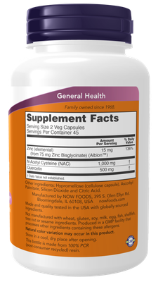NOW Supplements, NAC Quercetin and Zinc, Immune and Respiratory Support*, 1,000 mg NAC, 500 mg Quercetin, 15 mg Zinc, 90 Veg Capsules