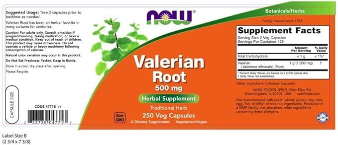 Now Supplements , Valerian Root 500 Mg - 250 Veg Capsules