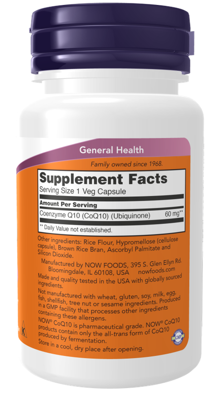 NOW Supplements, CoQ10 60 mg, Pharmaceutical Grade, All-Trans Form of CoQ10 Produced by Fermentation, 60 Veg Capsules