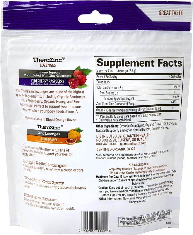 Quantum, Zinc Lozenges Immune Support Elderberry Raspberry 18 Lozenges
