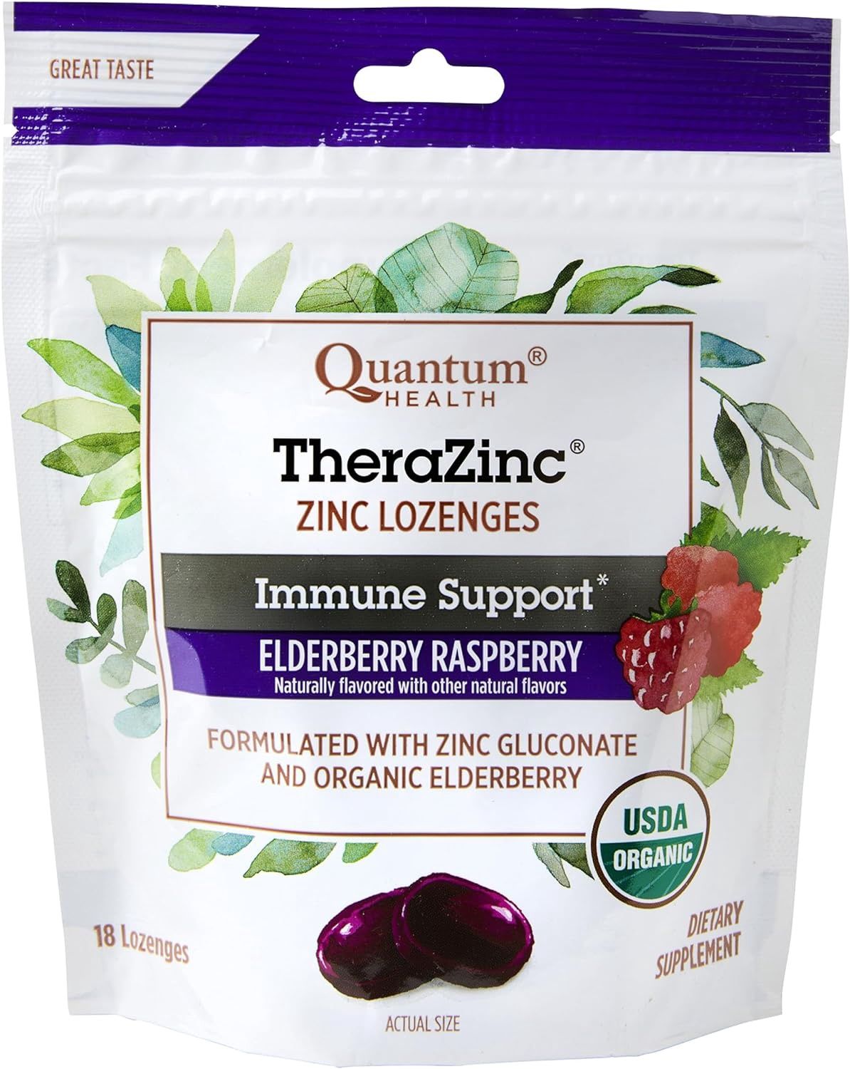Quantum, Zinc Lozenges Immune Support Elderberry Raspberry 18 Lozenges