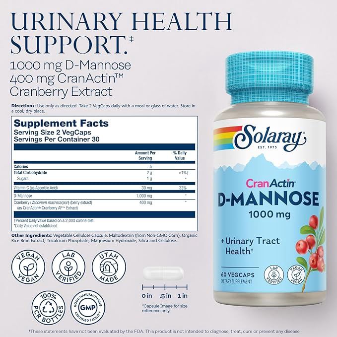 Solaray , Cranactin D-Mannose, Urinary Tract Health, 1,000 Mg, 60 Vegcaps