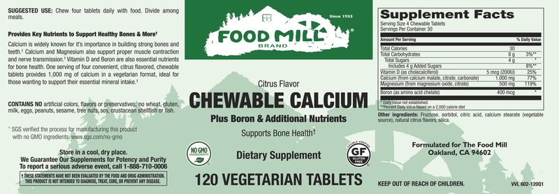 The Food Mill , Chewable Calcium Veg Tabs - Natural Citrus Flavor