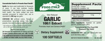The Food Mill , Garlic 500 Mg Odor-Reduced Softgels The Food Mill , Garlic 500 Mg Odor-Reduced Softgels