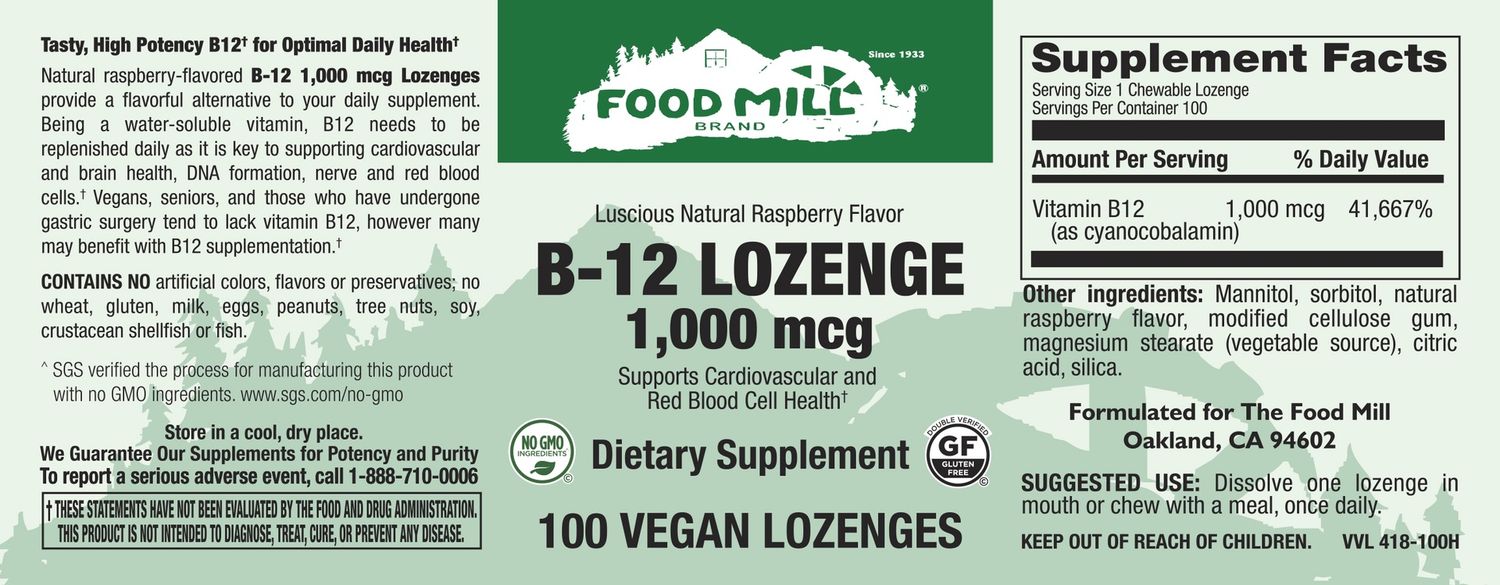 The Food Mill , B-12 1,000 Mcg Veg Lozenge - Natural Raspberry Flavor 100