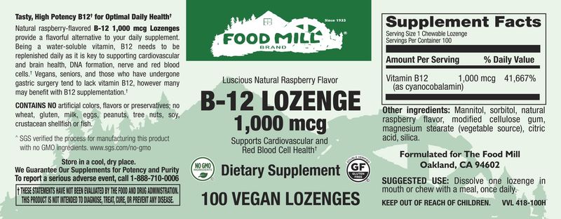 The Food Mill , B-12 1,000 Mcg Veg Lozenge - Natural Raspberry Flavor 100