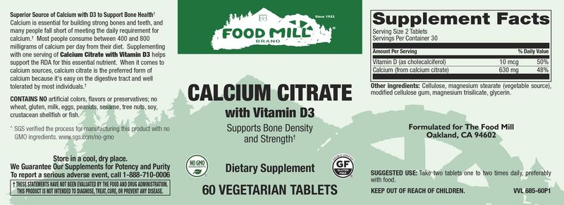 The Food Mill , Calcium Citrate With Vitamin D3 Veg Tabs The Food Mill , Calcium Citrate With Vitamin D3 Veg Tabs