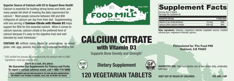 The Food Mill , Calcium Citrate With Vitamin D3 Veg Tabs