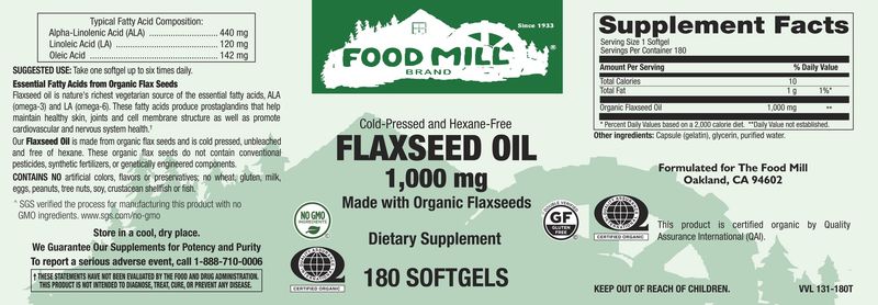 The Food Mill, Flax Seed Oil 1,000 mg Softgels