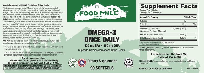 The Food Mill , Omega-3 Once Daily Natural Lemon Flavor Fish Oil Softgels 90 The Food Mill , Omega-3 Once Daily Natural Lemon Flavor Fish Oil Softgels 90