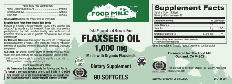 The Food Mill , Flax Seed Oil 1,000 Mg Cold Pressed And Hexane Free Softgels - Made With Organic Flax Seed Oil