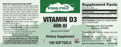 The Food Mill , Vitamin D3 400 Iu Softgels The Food Mill , Vitamin D3 400 Iu Softgels