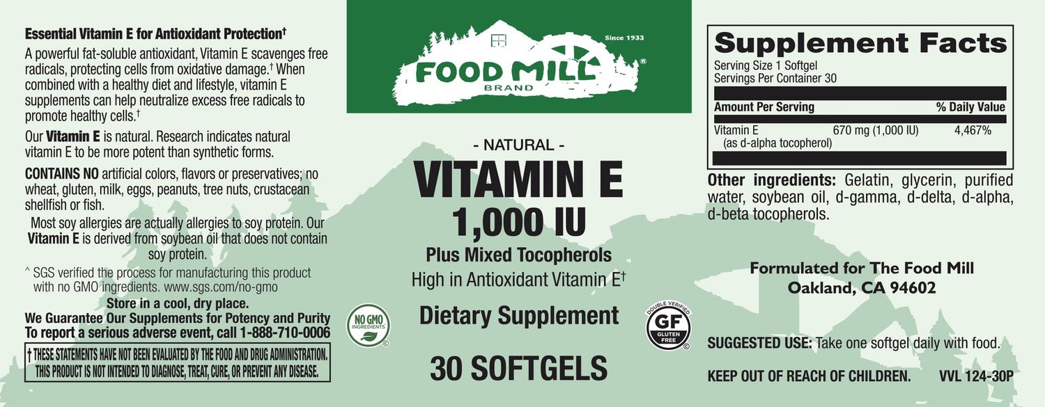 The Food Mill , Vitamin E 1,000 Iu Plus Mixed Tocopherols Softgels