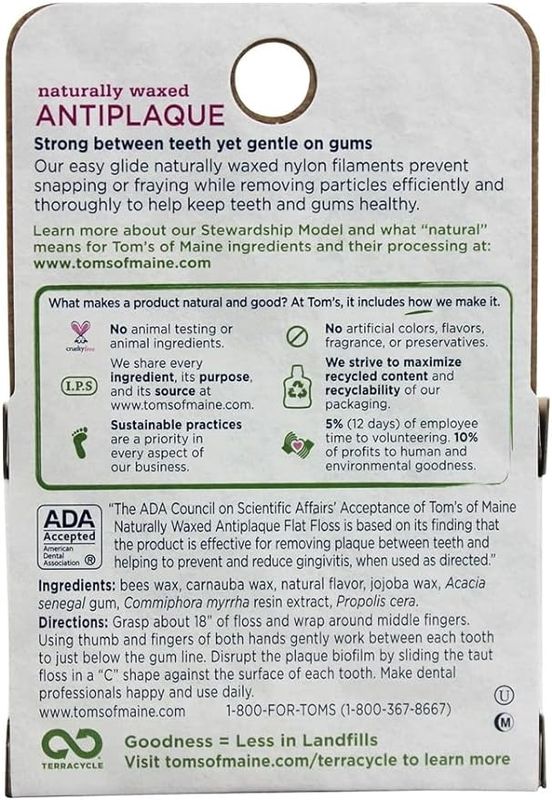 Tom's Of Maine, Naturally Waxed Antiplaque Flat Floss, Spearmint