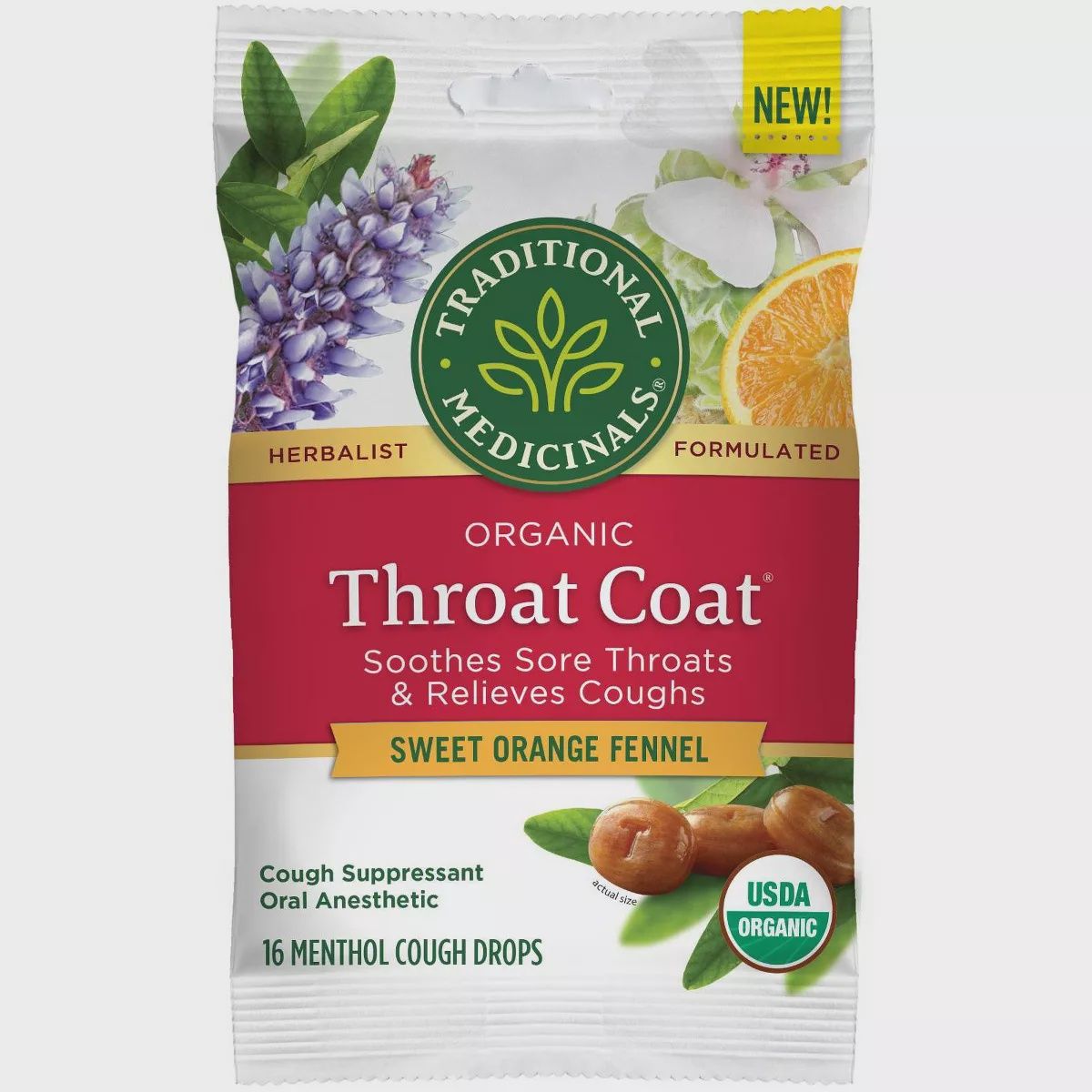 Traditional Medicinals, Organic Throat Coat, Sweet Orange Fennel, 16 Losenges
