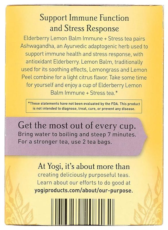 YOGI TEA, Elderberry Lemon Balm Immune + Stress Tea 16 Tea Bags