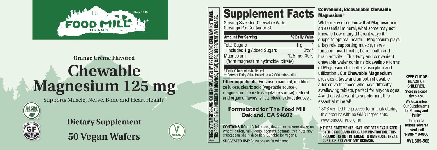 The Food Mill, Chewable Magnesium 125 Mg. Orange Flavor 50 Vegan Wafers