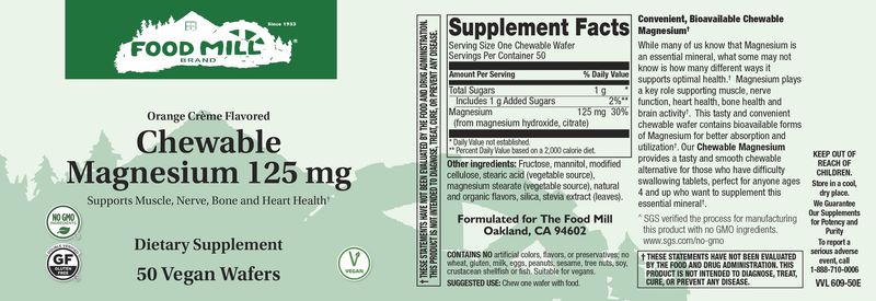 The Food Mill, Chewable Magnesium 125 Mg. Orange Flavor 50 Vegan Wafers
