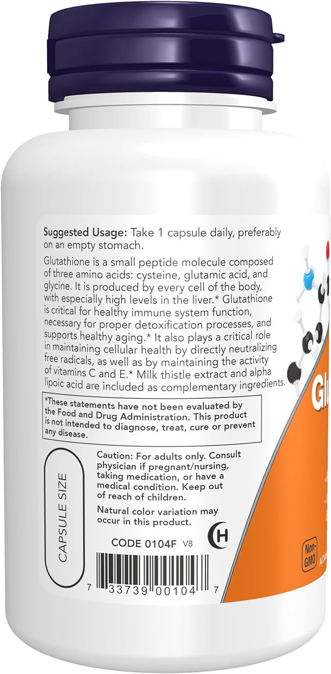 now glutathione 500mg bottle image 500 mg Veg Capsules estratto di cardo mariano e acido alfa lipoico. Now Foods Glutathione 500 Mg