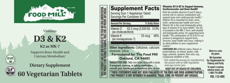 The Food Mill, Vitamin D3 & K2, 60 Caps The Food Mill, Vitamin D3 & K2, 60 Caps