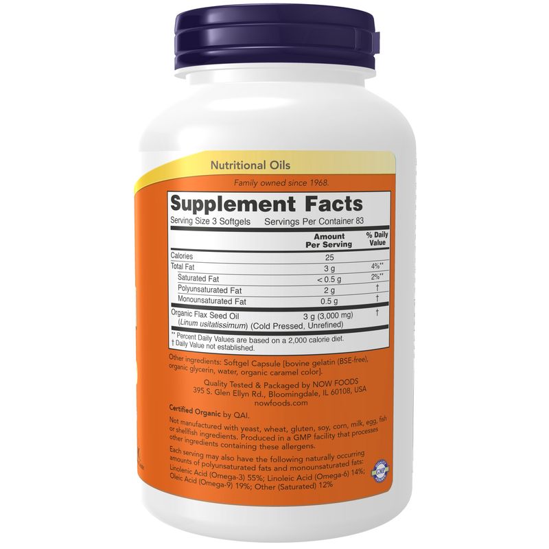 Now, Flax Oil Organic 1000mg 250 Softgels