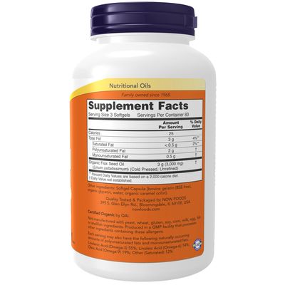 Now, Flax Oil Organic 1000mg 250 Softgels
