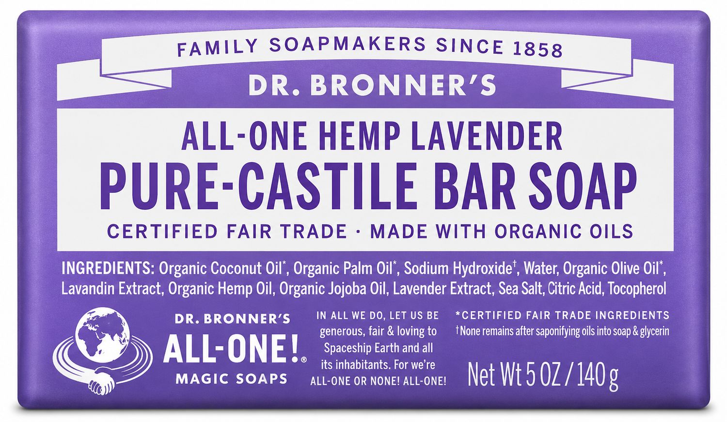 Dr Bronner , Pure Castile Soap Bar- Lavender Dr Bronner , Pure Castile Soap Bar- Lavender
