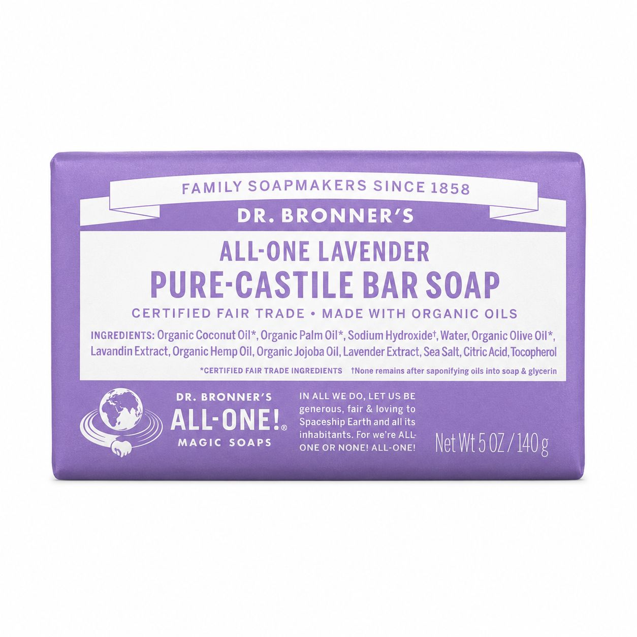 Dr Bronner , Pure Castile Soap Bar- Lavender