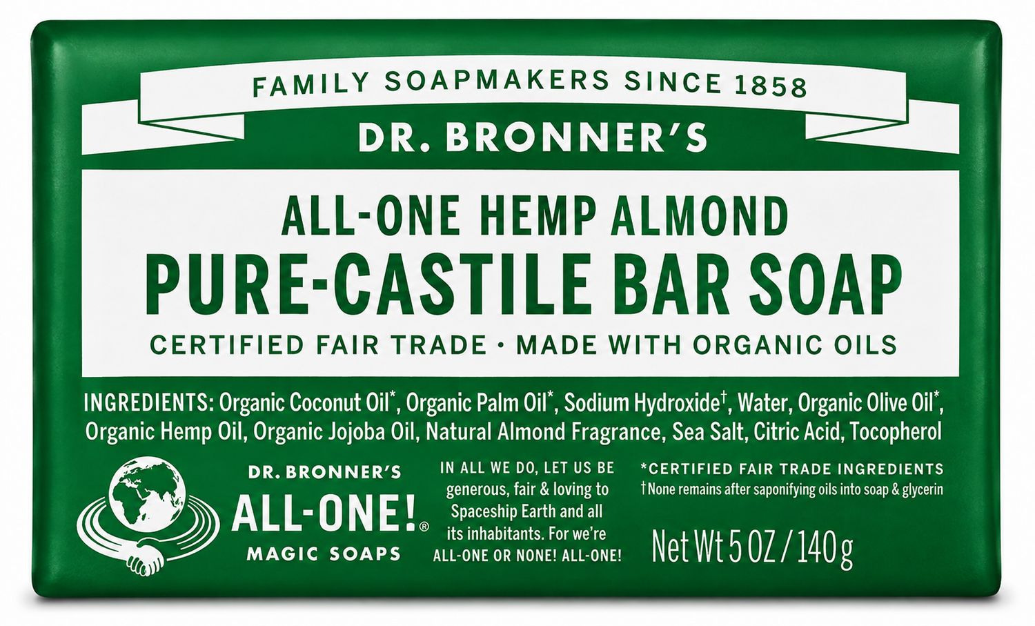 Dr Bronner , Pure Castile Soap Bar- Almond