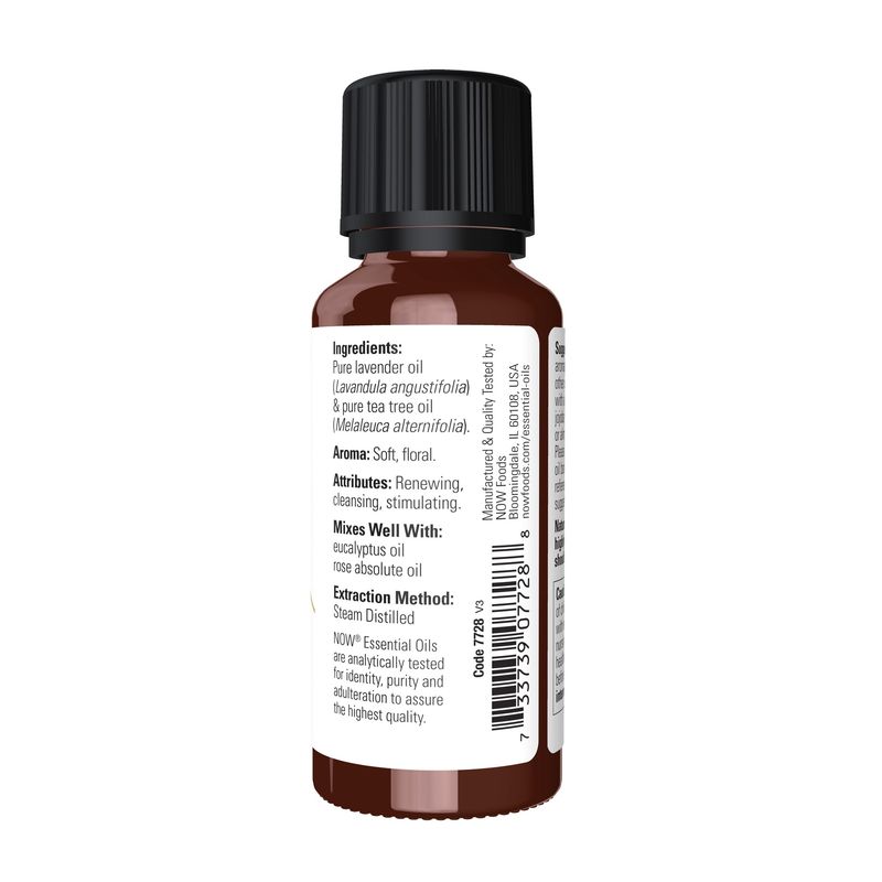 NOW Essential Oils, Lavender & Tea Tree Oil, Stimulating Aromatherapy Scent, Blend of Pure Lavender Oil and Pure Tea Tree Oil, Vegan, Child Resistant Cap, 1-Ounce