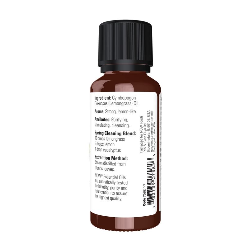 NOW Essential Oils, Lemongrass Oil, Uplifting Aromatherapy Scent, Steam Distilled, Vegan, Child Resistant Cap, 1-Ounce