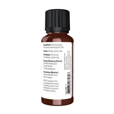 NOW Essential Oils, Lemongrass Oil, Uplifting Aromatherapy Scent, Steam Distilled, Vegan, Child Resistant Cap, 1-Ounce