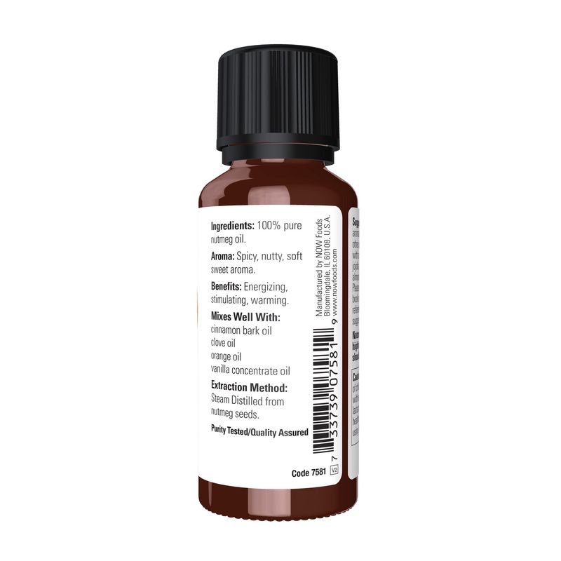 NOW Essential Oils, Nutmeg Oil, Energizing Aromatherapy Scent, Steam Distilled, Vegan, Child Resistant Cap, 1-Ounce