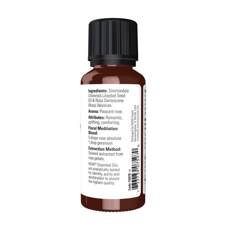 NOW Essential Oils, Rose Absolute, 5% Blend of Pure Rose Absolute Oil in Pure Jojoba Oil, Romantic Aromatherapy Scent, Vegan, Child Resistant Cap, 1-Ounce