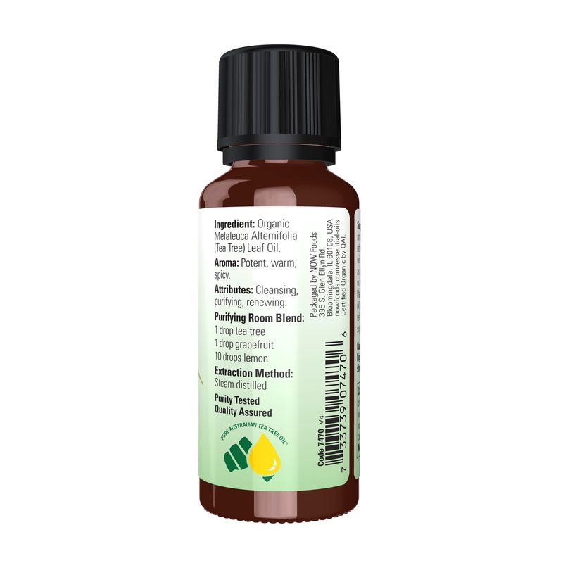 NOW Essential Oils, Organic Tea Tree Oil, Cleansing Aromatherapy Scent, Steam Distilled, 100% Pure, Vegan, Child Resistant Cap, 1-Ounce