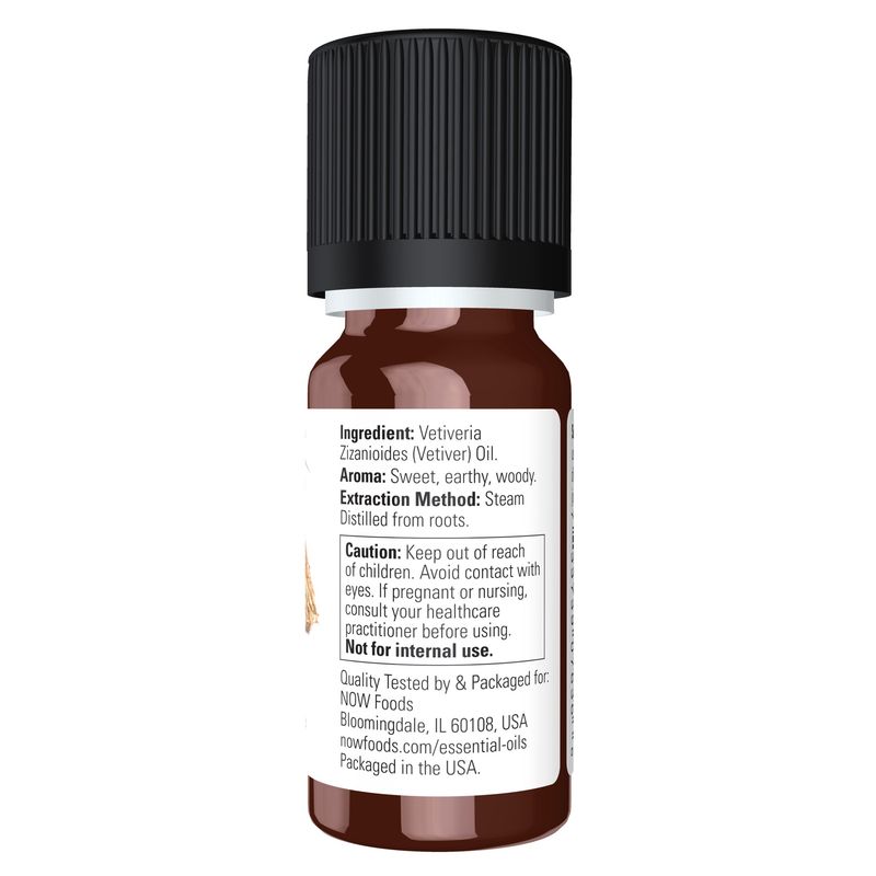 NOW Essential Oils, Vetiver Oil, Woodsy Aromatherapy Scent, Steam Distilled, 100% Pure, Child Resistant Cap, 10-mL