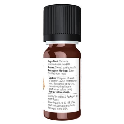 NOW Essential Oils, Vetiver Oil, Woodsy Aromatherapy Scent, Steam Distilled, 100% Pure, Child Resistant Cap, 10-mL