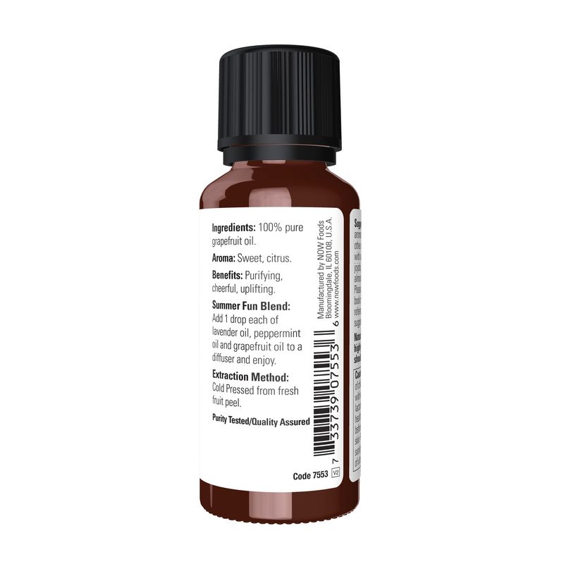 NOW Essential Oils, Grapefruit Oil, Sweet Citrus Aromatherapy Scent, Cold Pressed, 100% Pure, Vegan, Child Resistant Cap, 1-Ounce