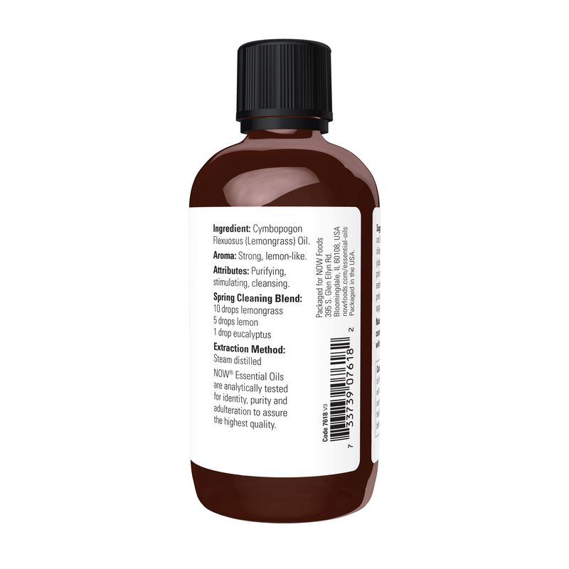 NOW Essential Oils, Lemongrass Oil, Uplifting Aromatherapy Scent, Steam Distilled, Vegan, Child Resistant Cap, 4-Ounce